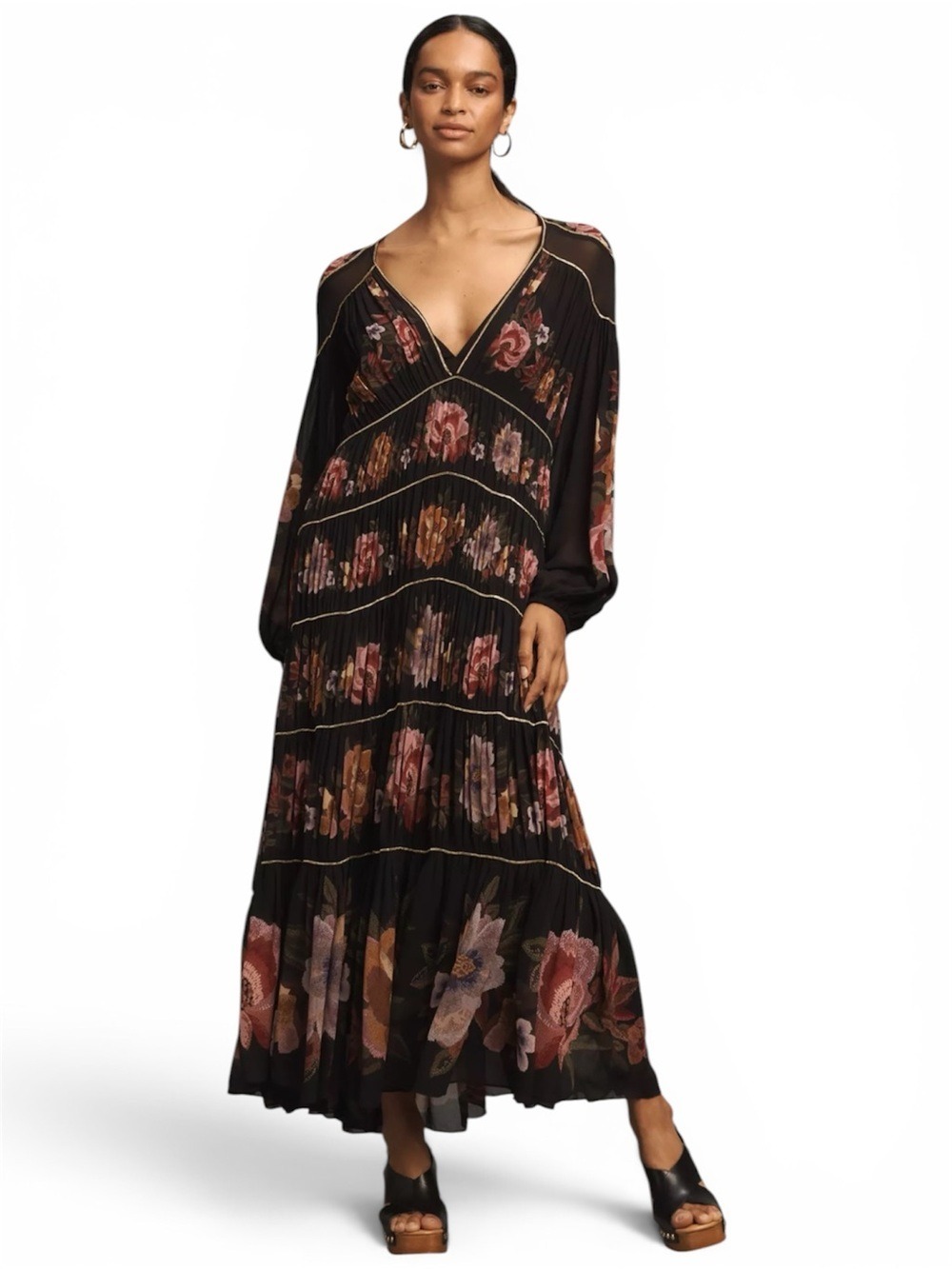 Farm Rio Black Chenille Flowers Long Sleeve Maxi Dress S Cottagecore Whimsigoth